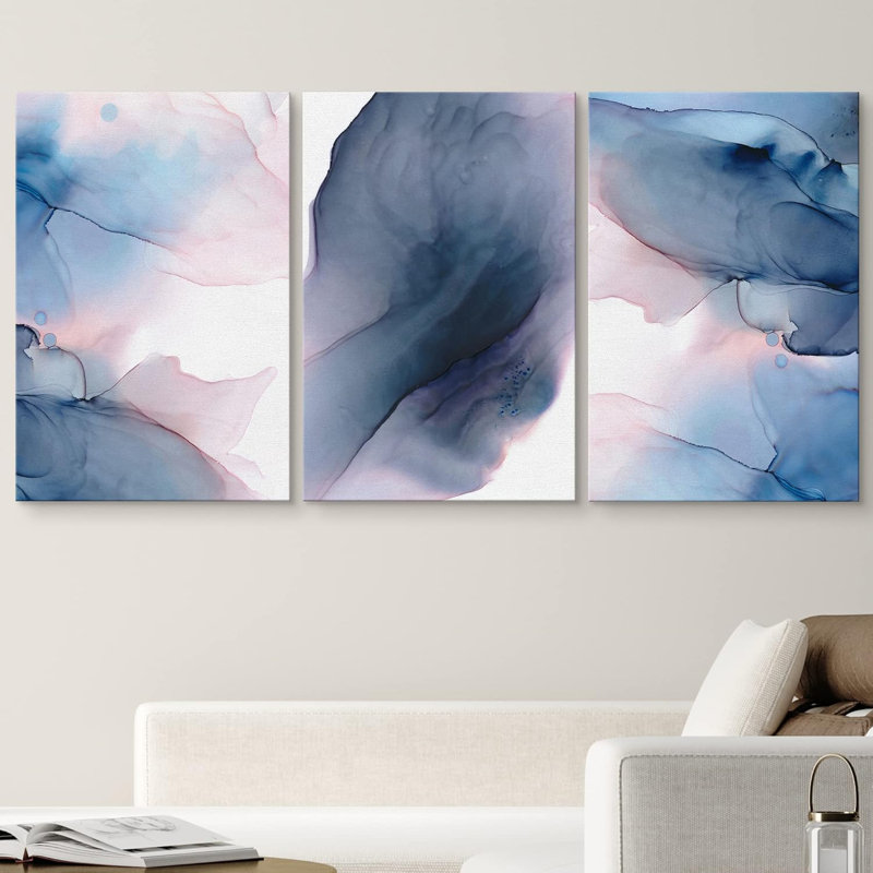 Bleu marine et rose, aquarelle, encre, collage, formes abstraites, illustrations, art moderne, néon chic, Toile tendue