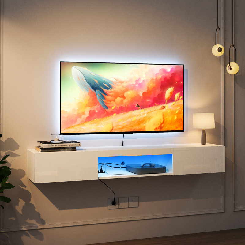 Meuble télé mural moderne avec 16, centre de divertissement flottant pour téléviseurs de 55 à 65 pouces et rangement spacieux