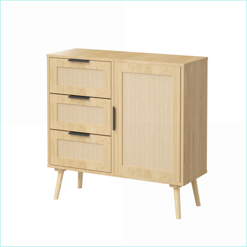Cabinets, Modern Wood+Rattan Storage Cabinet with 3 Drawers &amp; Adjustable Shelf | Walnut Brown | Bedroom