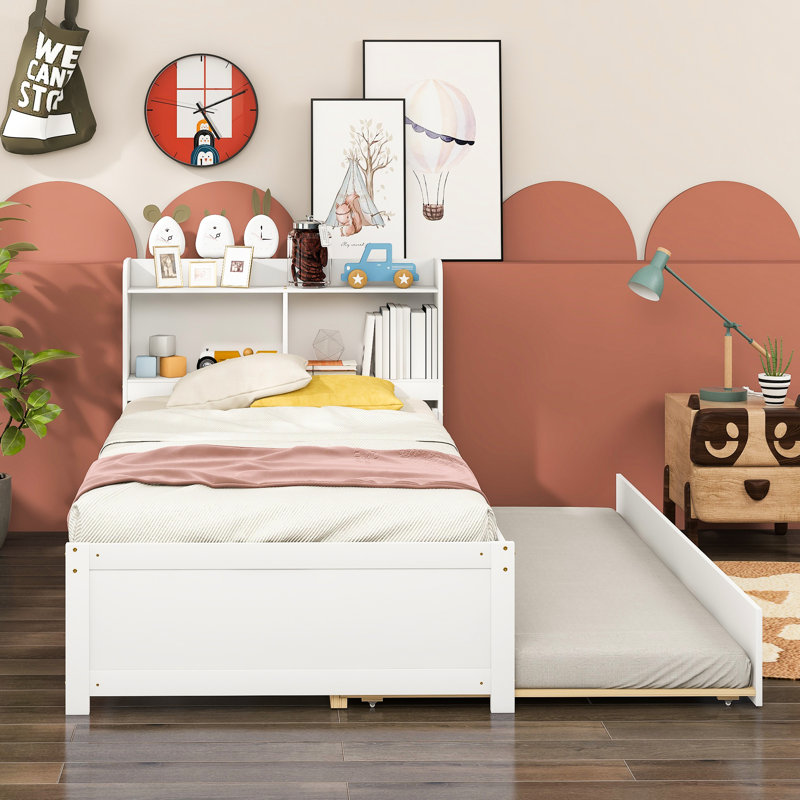 Lit simple avec bibliothèque et lit gigogne en blanc - Compartiments de rangement élégants pour la chambre à coucher, Twin