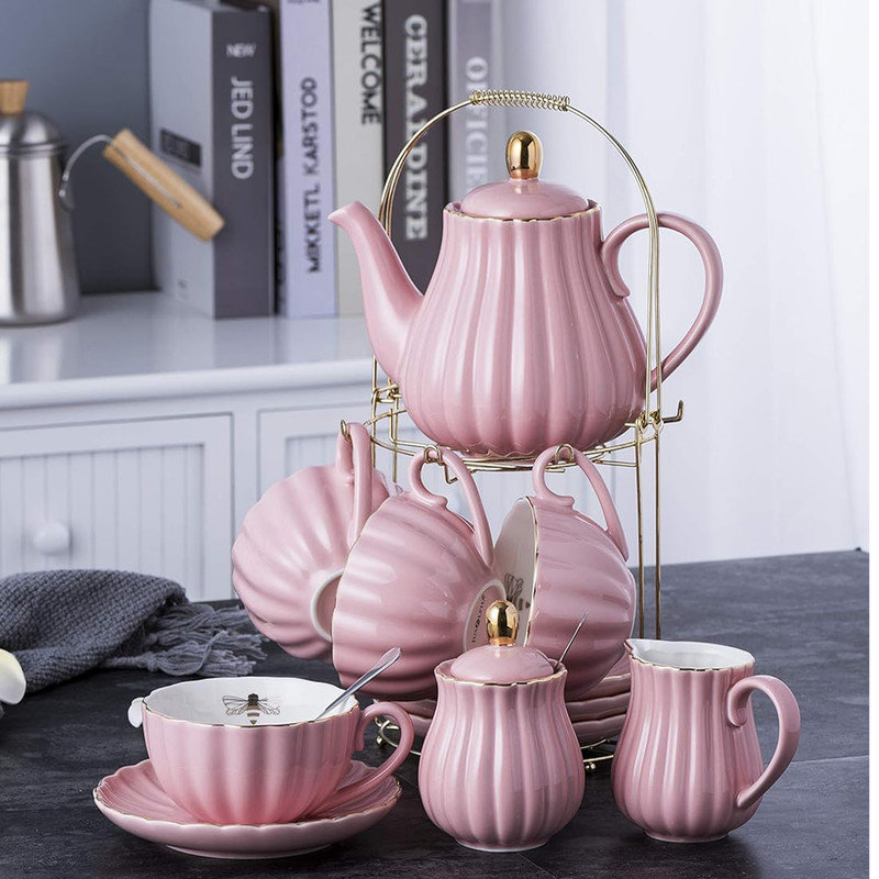 Service à thé en porcelaine, ensemble de tasse à café / tasse à thé, 17 pièces, Rose, 28 oz.