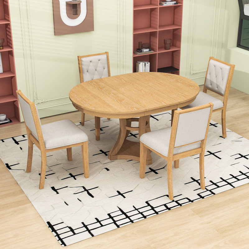 Ensemble de table de salle à manger 5 pièces, table extensible en bois avec rallonge amovible et chaises rembourrées, Naturel