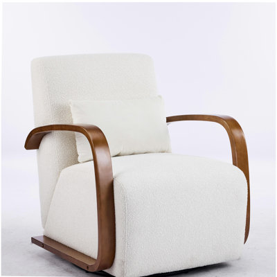Cream Upholstered 360° Swivel Accent Chair – Solid Wood Curved Arms, Mid-Century Modern Design, Ergonomic Comfort for Living Room, Bedroom Reading Nook Small Single Sofa for Bedroom, Office, Apartment