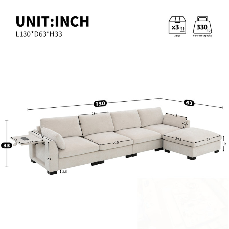 Canapé modulaire en L avec table pliante, port double, poches latérales et 2 coussins