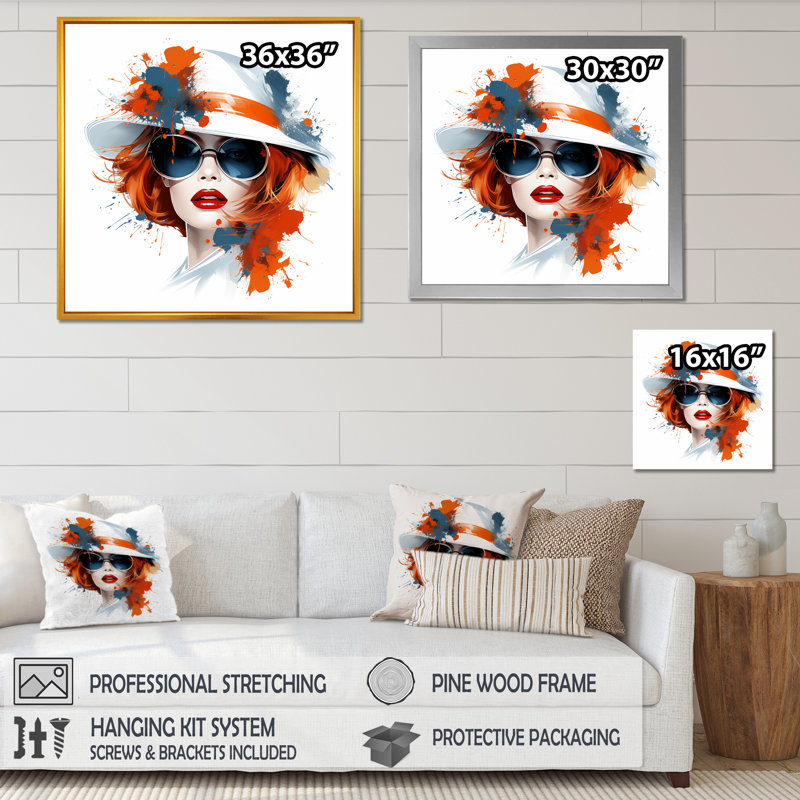 «Orange Fashion Woman with Hat - Woman Pop», art mural, Cadre doré simple, H 30 po x l 30 po x P 1,5 po