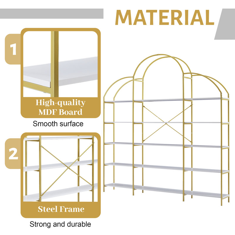 74.8 Inch 5 Tiers Office Bookcase Bookshelf, Display Shelf With Round Top, X Bar Gold Frame