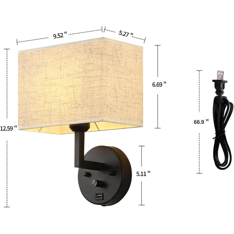 Plug-In Wall Sconce With Dimmer Switch & Dual USB Port, Rectangular Linen Fabric Shade, Adjustable Bedside Lamp For Bedroom, Living Room, Hotel, E26 Base