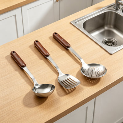 Ensemble d'ustensiles de cuisine en acier inoxydable poli avec poignées en bois, outils de cuisine faciles à nettoyer, 3 pièces