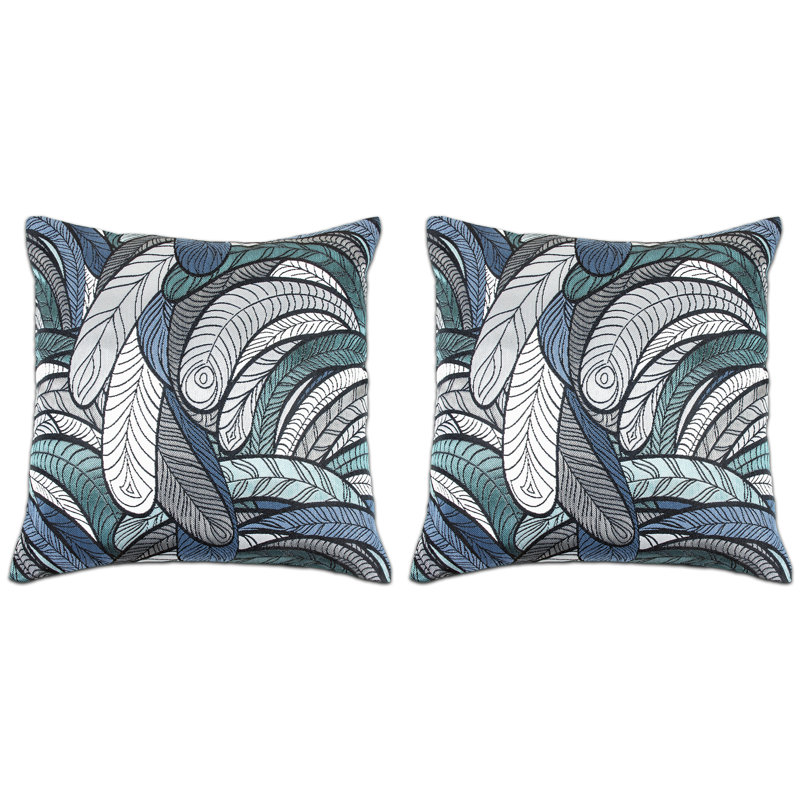 Grey And Teal Feather Elegant, Decorative Throw Pillow Cover (18wx18l) Set Of 2