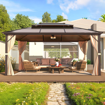 13 pi. L 10 pi. D Pavillon de jardin avec toit double en polycarbonate, structure et rideaux en aluminium pour le jardin, les pelouses et le patio
