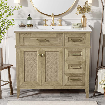 Meuble-lavabo de salle de bain avec lavabo en céramique, structure en bois d'hévéa, plusieurs options de rangement, mécanismes à fermeture en douceur et conception compacte pour les petites salles de bain