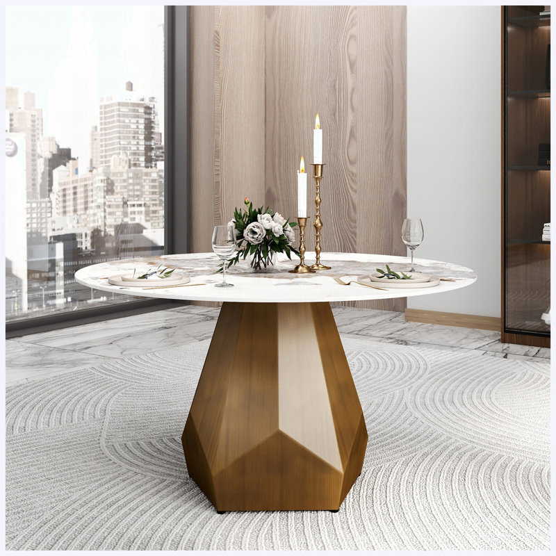 Table de salle à manger 53 po ronde en marbre artificiel avec base en métal, pouvant accueillir 6 personnes, pour la salle à manger / salon / cuisine