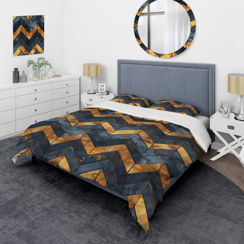 Ensemble de housse de couette transitionnelle Blue Gold Chevron Glamour IV, Housse de couette simple et deux taies décorative