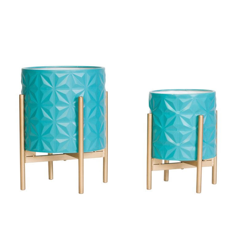 Turquoise and Gold Metal Indoor Planter Set with 4-Leg Base
