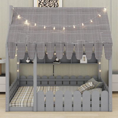 Lit pour enfants Montessori avec barrière de sécurité, tente, lumières DEL et tablettes de rangement