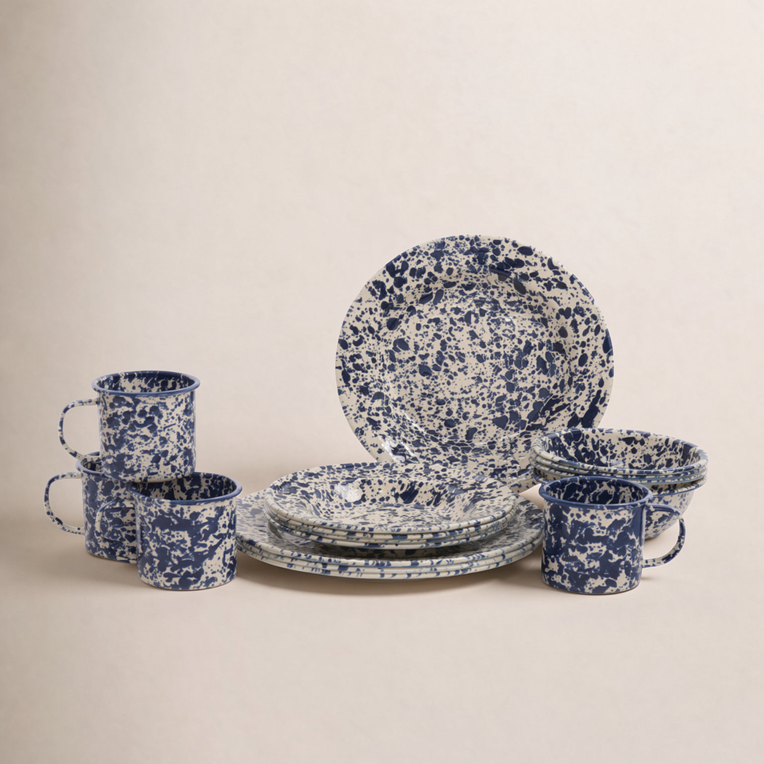 Crow Canyon Enamelware Splatter 16 Piece Dinnerware Set, Navy Cream