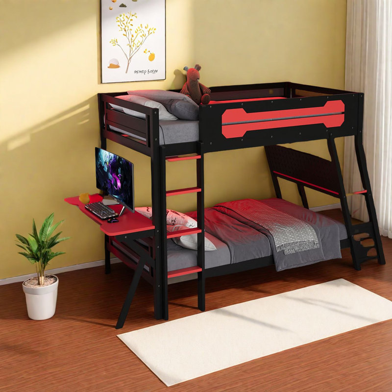 Multifunctional Twin Size Bunk Beds, Wood Gaming Desks, Modern Red