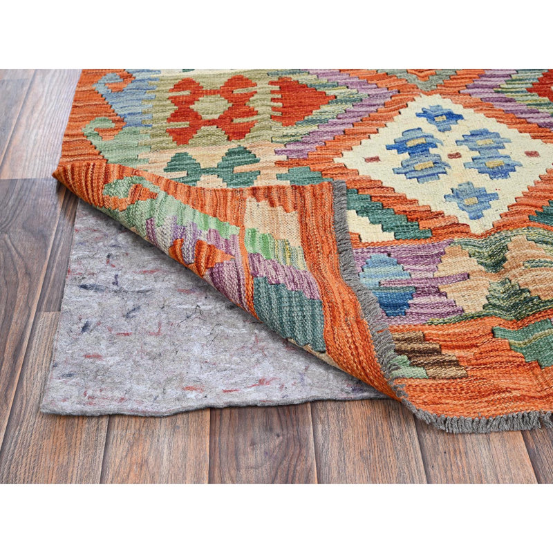 Tapis oriental 3 pi 6 po x 5 pi 2 po orange brûlé, kilim afghan avec motif géométrique coloré, tissage à plat, colorants végétaux, laine pure, tissé à la main, réversible