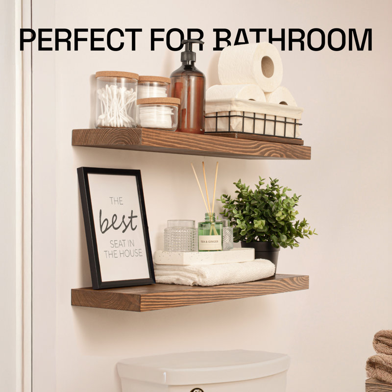 Walnut Pine Wood Floating Wall Shelves, Set of 2