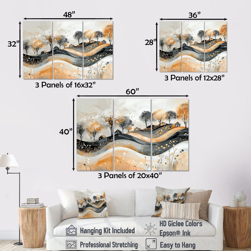 Paysage abstrait en gris et or - ensemble d'art mural paysages abstraits, Toile tendue, H 40 po x l 60 po x P 1 po