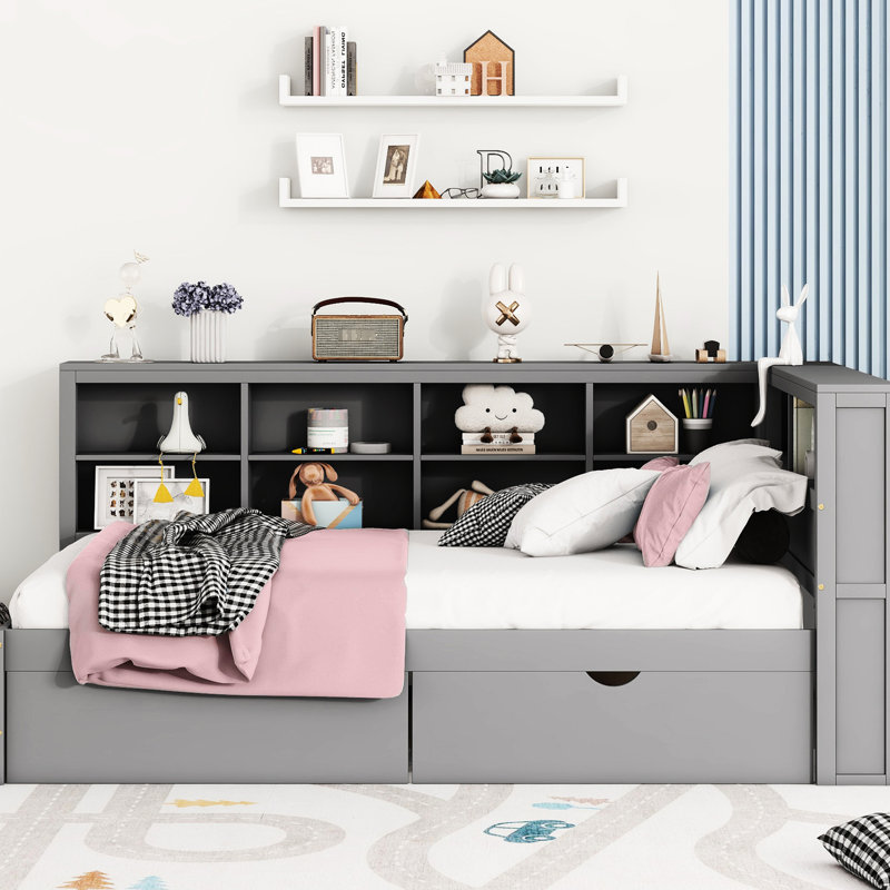 Grey Daybed With 2 Consoles, Charging And Full Size Bed 2 Drawers, Storage Shelf Station