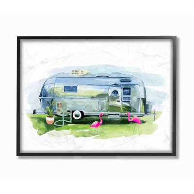 Remorque de camping rétro avec décoration flamant rose par Annie Warren - impression d'art graphique sur bois