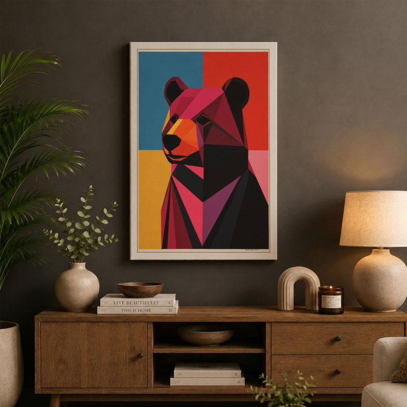 Cubist Bear Portrait Geometric - Wrapped Canvas, 30x20 - 76.2 x 50.8 cm, Sage Border
