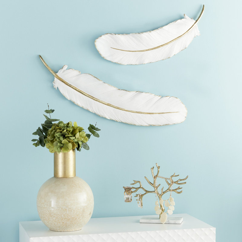 White and Gold Polystone Feather Wall Art Sculpture