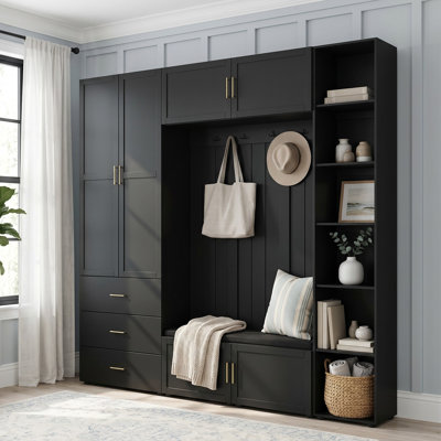 Hall Tree 94.5" Wide With Bench, Drawer, Cabinet, Shelf, Shoe Storage, Contemporary, Hallway