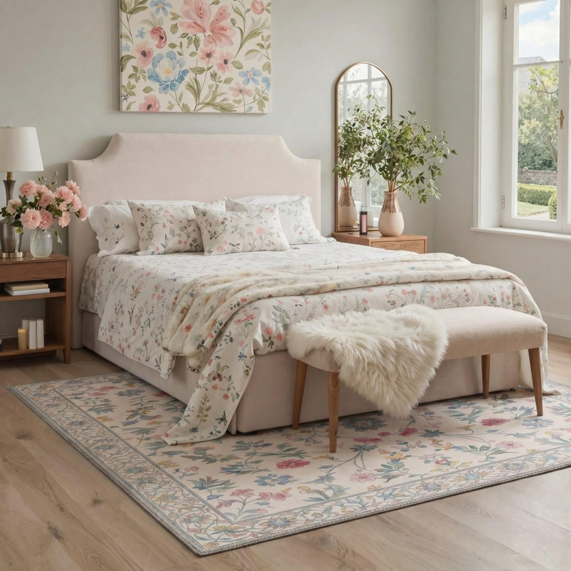 Light Floral Border Rug 5 X 7 Ft for Living Room, Multicolor Beige