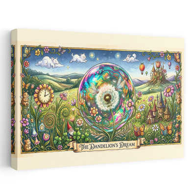 The Dandelion'S Dream Colorful Playful Vibrant Butterfly Cat Dandelion Flower Landscape Wall Art Print by Katie Towers - Wrapped Canvas Print