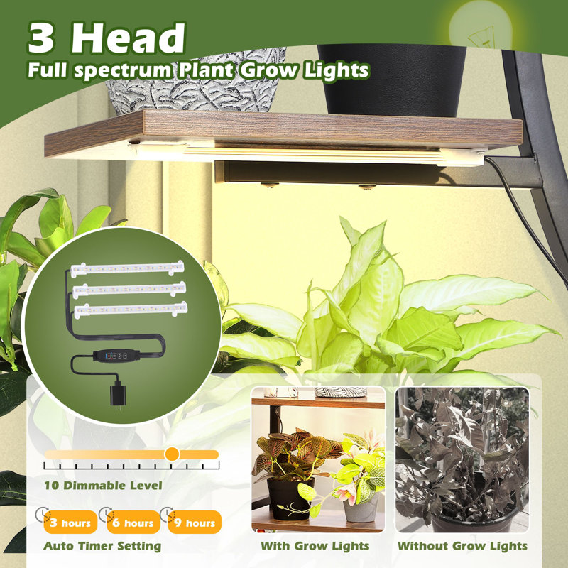 60" Black and Oak 7-Tier Indoor Plant Stand with Grow Lights