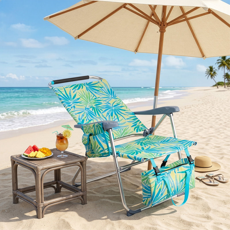 7-Position Reclining High Seat Folding Beach Chair, 17 Inch Elevated Seat Aluminum Lawn Chair With Padded Headrest, Detachable Storage Tote & Cup Holder For Beach, Camping, Pool & Outdoor Concerts