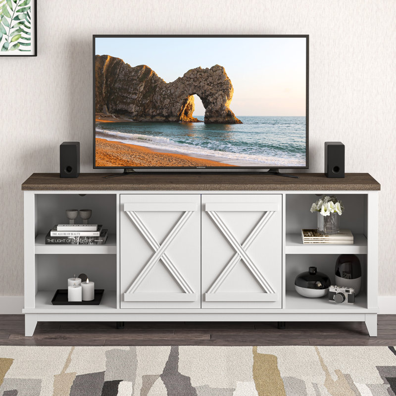 Meuble télé de style ferme de 75 pouces, blanc bicolore X-Barn avec étagères et placards ouverts, montage facile, Blanc