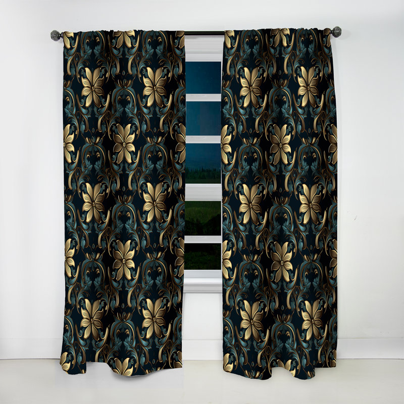 Gold And Blue Luxury Damask Symphony I - Bohemian Curtain - Velvet Room Darkening - 1 Panel, 52" W x 90" L