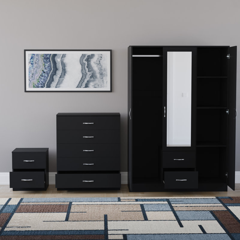 Maybery 3 Piece Bedroom Set (2 Drawer Bedside Chest, 5 Drawer Chest, 3 Door 2 Drawer Mirrored Wardrobe), (5), Black