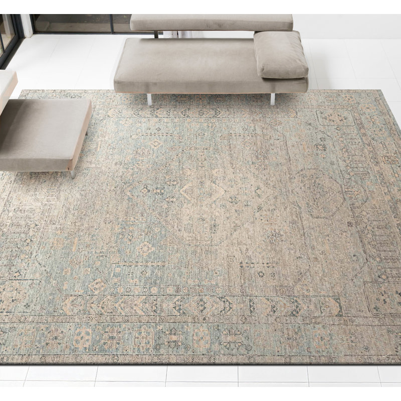 Tapis gris et bleu noué à la main de haute qualité, Rectangle 6 pi x 9 pi
