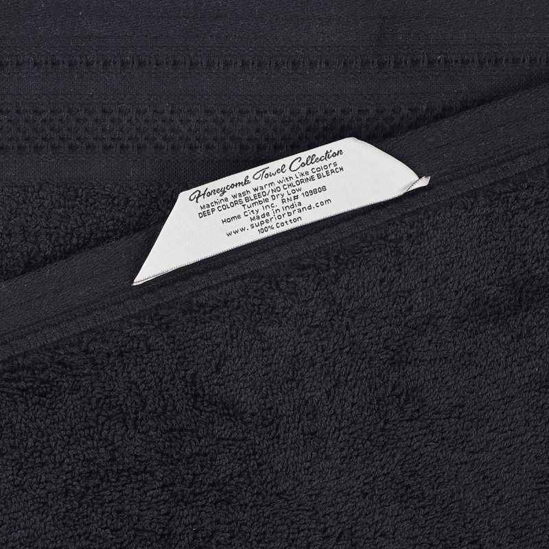 Honeycomb Textured Waffle Border Cotton Medium Weight Bath Towels, Black