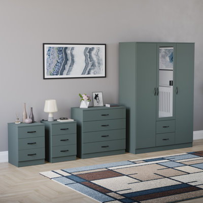 Tayce 4 Piece Bedroom Set (3 Drawer Bedside Chest X2, 4 Drawer Chest, 3 Door 2 Drawer Mirrored Wardrobe)