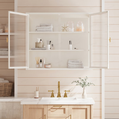 Glass Doors Modern Two-door Wall Cabinet with Featuring Three-tier Storage for Entryway Living Room Bathroom Dining Room