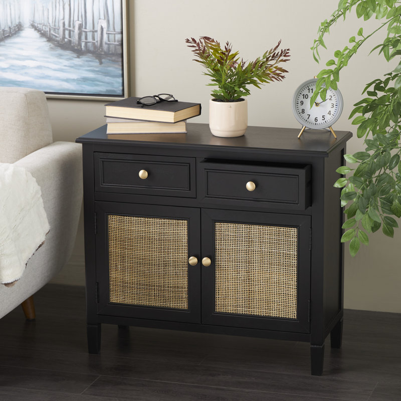 Anaye Wood Handmade 2 Drawers and 2 Door Black Cabinet with Rattan Front