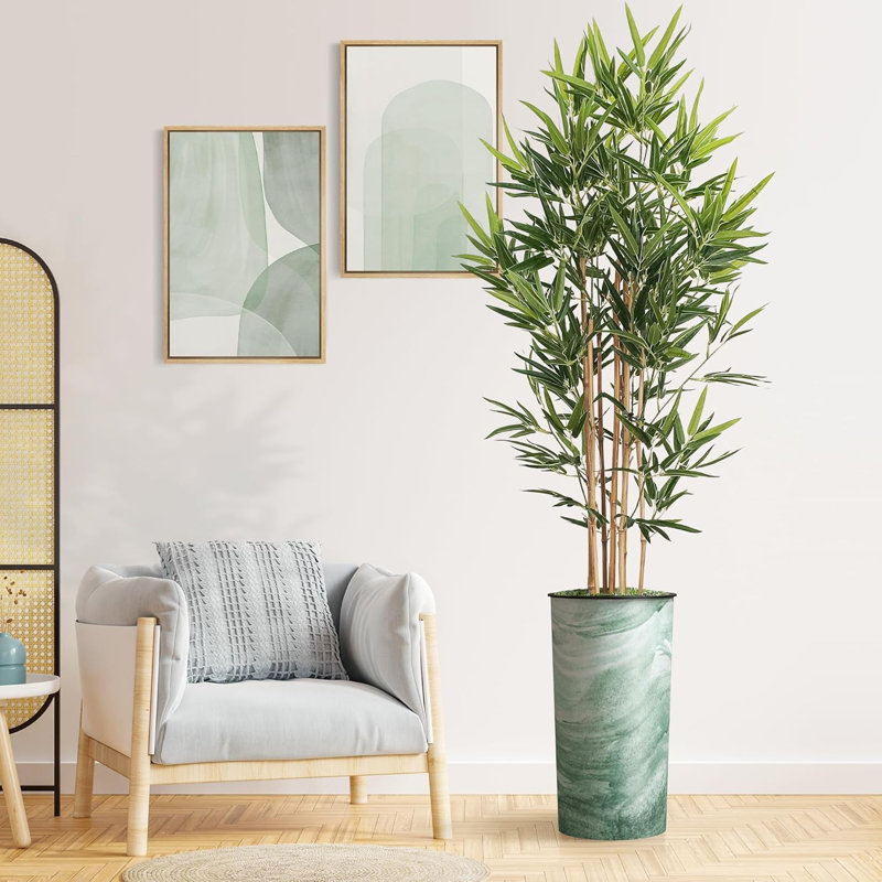 Artificial Tree in Contemporary Blue Stripe Patterned Planter Fake Bamboo Silk Tree, Rectangle Blue