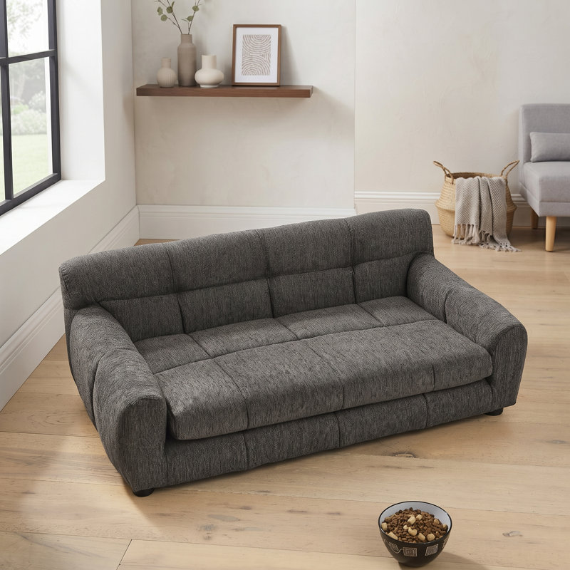 Soft Cozy Pet Couch with Backrest and Armrests, Rectangular Modern Sofa for Small and Medium Breeds, Dark Grey, Grey