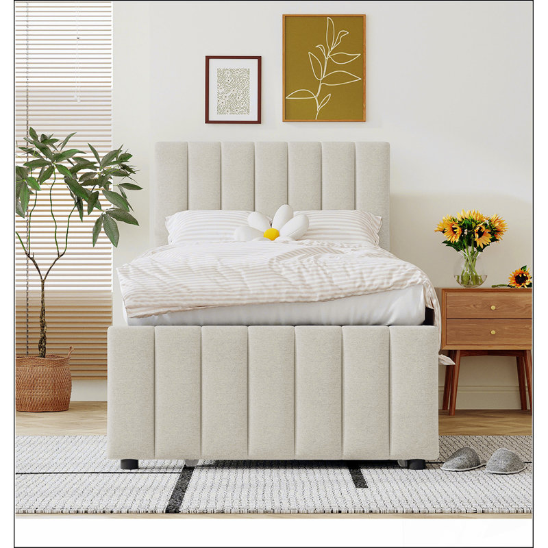 Lit plateforme tapissier avec lit gigogne et 3 tiroirs, parfait pour un espace de couchage supplémentaire et un rangement dans les chambres modernes.