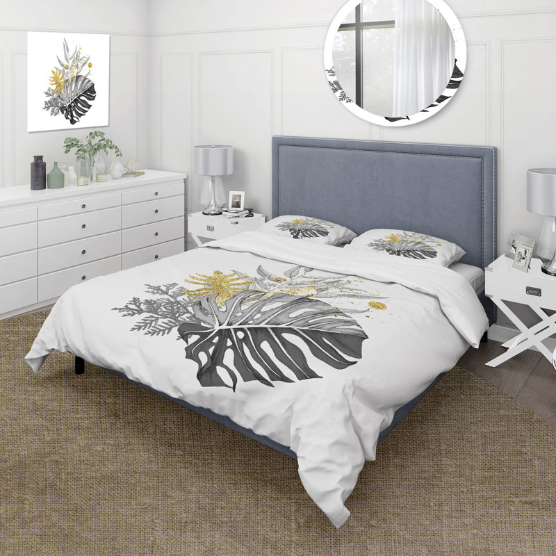 Bouquet de feuilles tropicales monochromes et dorées - Ensemble de housse de couette tropical - Polyester en microfibre