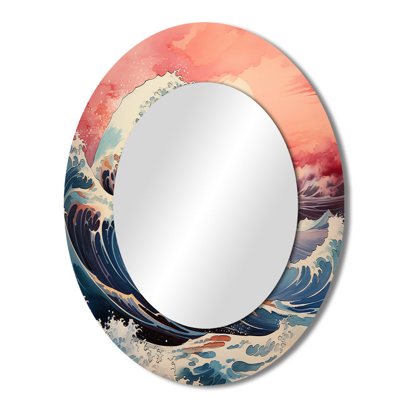 Chef-d'œuvre rose, la grande vague de Kanagawa I - miroir mural ovale rose, 43 po x 33 po
