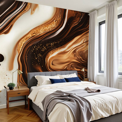 Peel and Stick Wallpaper Abstract Swirling Chocolate Creamy Liquid Art Gold Highlights Wall Murals 100"H x 144"W Removable PVC Wall Paper Self-Adhesive Wall Decor for Bedroom Living Room Kitchen Cafe