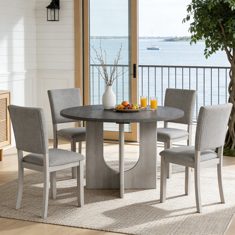 Modern 5-Piece Solid Wood Dining Table Sets For 4, Kitchen Table Set With 4 Upholstered Chairs, Gray