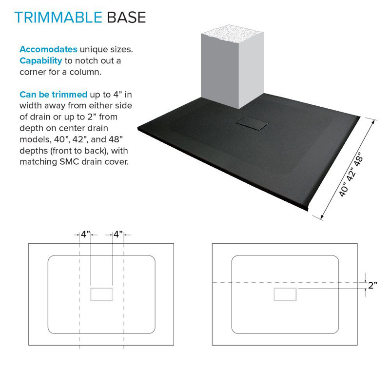 Base de douche avec seuil central 63 po x 40 po Transolor Trimslate, Noir, noir, noir, noir