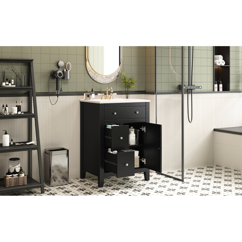 Meuble-lavabo 24 po avec lavabo en céramique, esthétique champêtre français, fonctionnement silencieux des tiroirs, compartiments de rangement modernes 24 po, lavabo, métal rustique, mouvement fluide, compact pour gels de douche